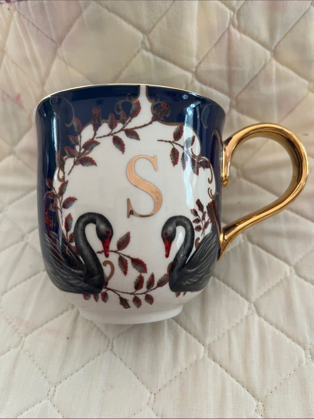 Anthropologie Lou Rota Monogram 'S' Black Swan Porcelain Mug Gold Handle NWOT